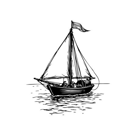 Monochrome artwork of a sailboat sailing on the water, evokes calmness. Artistic representation of nautical adventure, freedom and maritime transport. A classic image.のイラスト素材