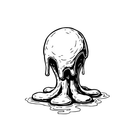 Monochrome illustration of a melting sphere with dripping liquid forming a puddle. The image has an ink-like quality, suitable for fantasy or spooky themes.のイラスト素材