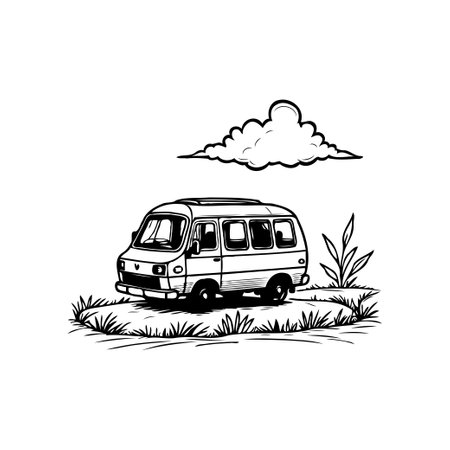 Delightful hand-drawn illustration featuring a vintage van parked in a tranquil landscape. A charming scene evoking a sense of nostalgia and the spirit of travel.のイラスト素材