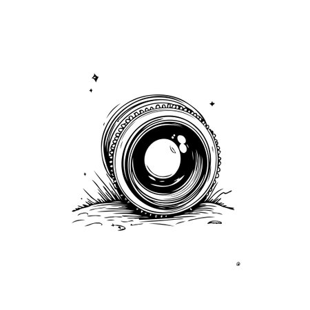 Abstract drawing of a camera lens in black and white, demonstrating simplistic design. Representing tools of visual observation, optic technology, and the essence of creative photography.のイラスト素材