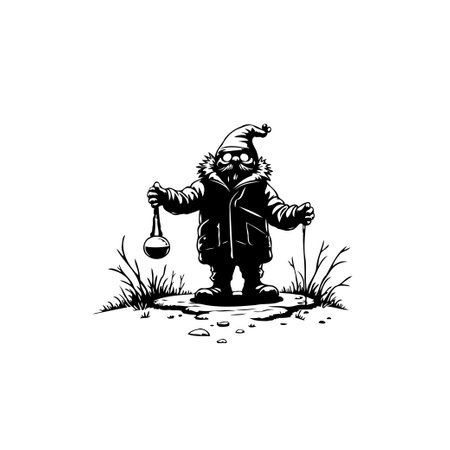 A quirky black and white illustration depicts a gnome-like figure in a winter coat, holding a lab bulb and standing among grass. The image has strange and monochromatic feel.のイラスト素材