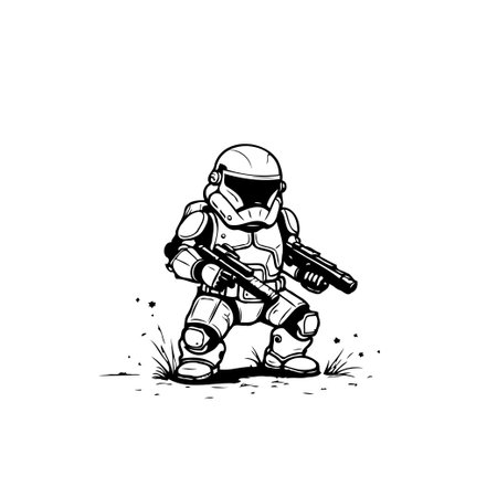 A bold, stylized illustration of a futuristic space soldier in armor, wielding twin blasters. The cartoon-like design and monochrome palette create a powerful, yet approachable aesthetic.のイラスト素材