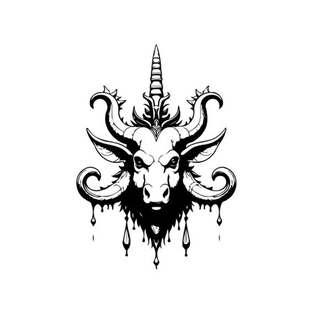 Intricate black and white image showcasing a stylized horned beast. The art combines mythical and gothic elements with dripping details, conveying an eerie and surreal atmosphere.のイラスト素材