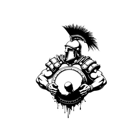 Dynamic black and white illustration showcasing a spartan warrior, embodying strength and resilience. Ideal for themes of history, bravery, and protection.のイラスト素材