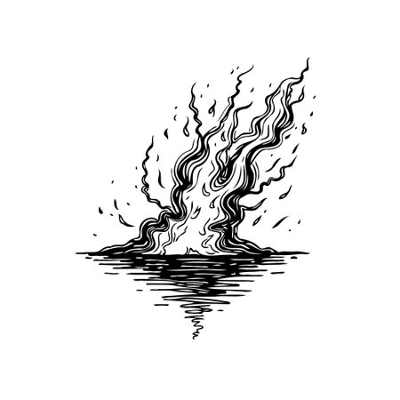 A monochrome drawing illustrates fire reflecting on a serene water surface. The artistic style captures the essence of flames and ripples with elegant lines and deep contrast.のイラスト素材
