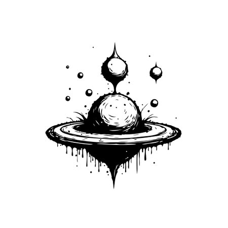 A stylized monochrome illustration depicts a surreal planet with dripping effects and various spherical elements in orbit. The artwork creates a sense of cosmic fantasy and ethereal beauty.のイラスト素材