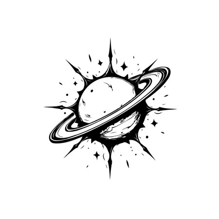 Artistic representation of a planet with prominent rings, surrounded by a burst of cosmic energy. Ideal for space-themed designs or symbolic illustrations.のイラスト素材