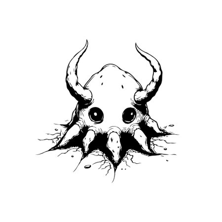 Monochrome drawing of a horned creature emerging from a cracked surface with large eyes. Hand-drawn style art conveys a bizarre and spooky mood. Perfect for fantasy themes.のイラスト素材