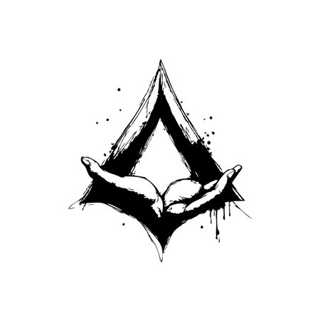 An abstract, monochrome graphic art showcases hands gently holding a pointed triangle. The design features a grunge-like ink texture, creating a modern, edgy visual.のイラスト素材