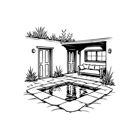 A hand-drawn illustration depicts a serene courtyard with a small pool reflecting the surrounding architecture. The minimalist black and white design evokes a sense of tranquility and outdoor living.のイラスト素材