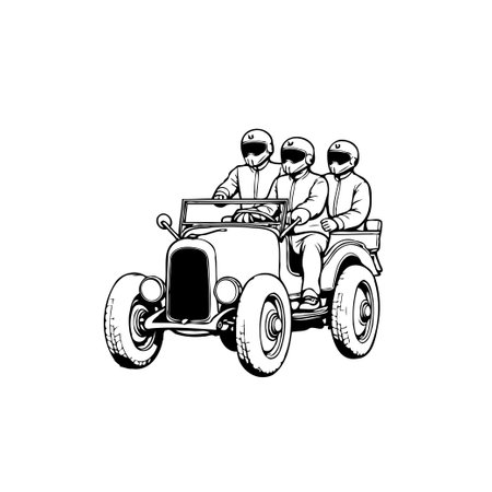 A vintage car with three helmeted figures, illustrated in a stark monochrome style. The vehicle evokes a sense of nostalgic transportation and early automotive design.のイラスト素材