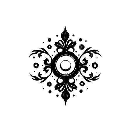 A stylized, symmetrical ornament displays an intricate design, reminiscent of gothic architecture or royal heraldry. An emblem perfect for adding an elegant, classic touch to any project.のイラスト素材