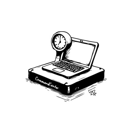 An abstract, monochrome graphic showing a clock atop a laptop, which rests on a platform labeled 'Command Center,' suggesting control over deadlines and time management in a modern workspace.のイラスト素材