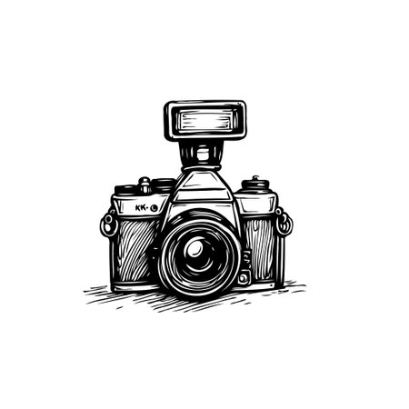Detailed black and white illustration of a vintage camera with flash attachment. A classic piece perfect for representing photography, history, or artistic hobbies.のイラスト素材