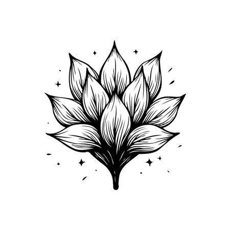 An intricate, monochrome illustration showcasing a stylized flower with elegant petals. Perfect for artistic designs, botanical themes, or creative projects seeking a touch of natural beauty.のイラスト素材