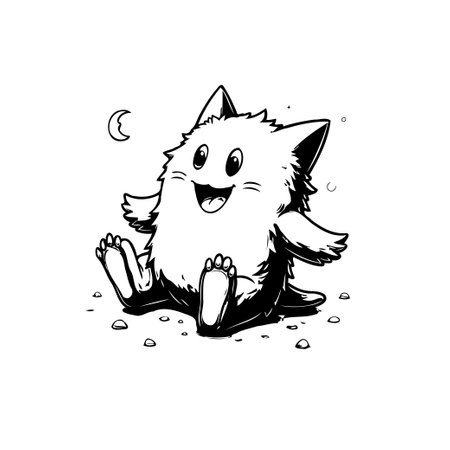 This is a graphic illustration portraying a jovial feline-like creature sitting under a crescent moon. Its fluffy appearance and cheerful expression evoke a sense of playfulness and innocence.のイラスト素材