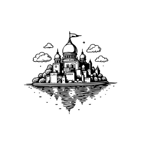 A stylized vector illustration depicts a whimsical island cityscape with domes and towers. The scene reflects serenely in rippled water below, creating a captivating dreamscape with charming details.のイラスト素材