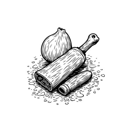 An artistic, hand-drawn still life features fresh figs paired with a unique, possibly vintage, cutting tool. This illustration captures the essence of culinary preparation, offering a glimpse into healthy eating and gourmet cuisine.のイラスト素材