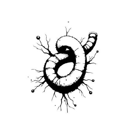 A surreal and captivating sketch features an abstract, spiraling form, richly detailed with root-like tendrils. This artwork evokes a sense of strange fantasy, rendered with monochrome ink.のイラスト素材