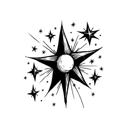A celestial drawing shows a captivating array of stars, radiating an otherworldly aura and a sense of cosmic wonder. The intricate design evokes a dreamy, mystical atmosphere.のイラスト素材