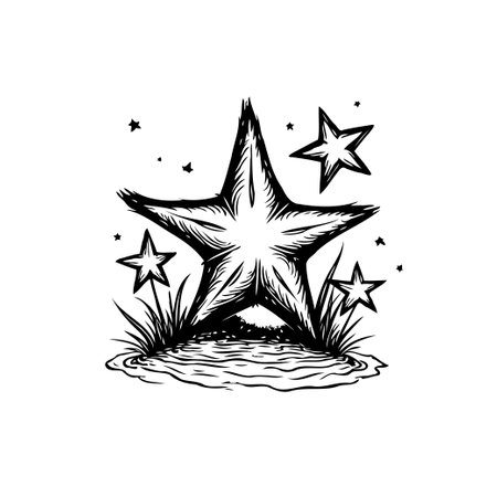 A hand-drawn style illustration features stars rising above water. The scene evokes a sense of cosmic wonder and tranquility, blending the celestial with earthly elements.のイラスト素材