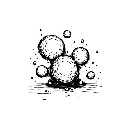 Stylized artistic rendering featuring connected spherical forms, depicted with dynamic ink-like textures and flowing elements. Monochrome design, ideal for graphic or decorative applications.のイラスト素材