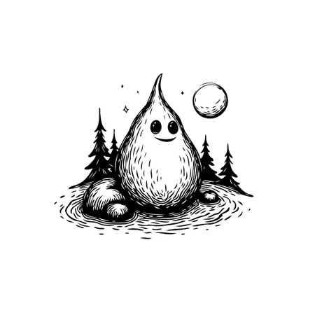 A charming, hand-drawn illustration features a whimsical creature in a serene forest setting. Moonlight filters through the trees, creating a mystic ambiance.のイラスト素材