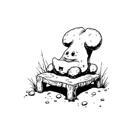 A cute, cartoonish character sits on a miniature wooden bench, surrounded by small stones and weeds. The monochrome illustration is whimsical and simple.のイラスト素材