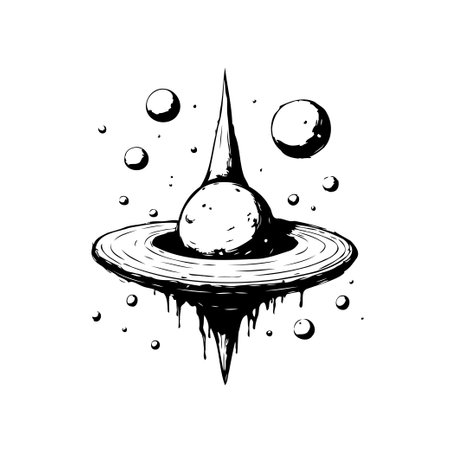 A monochrome illustration depicts a surreal celestial formation.  A planet-like sphere surrounded by rings and floating orbs, drips fluid,  creating a dreamy, other-worldly aesthetic with an abstract feel.のイラスト素材