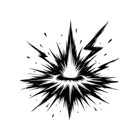 A striking monochrome illustration depicts a powerful burst, conveying energy and impact through dynamic lines and sharp shapes. The graphic design creates a sense of motion and visual drama.のイラスト素材
