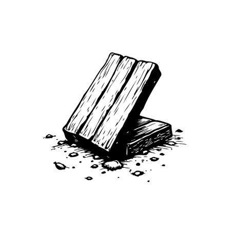 Monochrome hand-drawn illustration of stacked wooden planks surrounded by scattered wood fragments. Rustic and weathered texture adds vintage charm, ideal for design elements.のイラスト素材