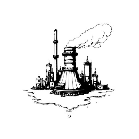 A stylized monochrome illustration of an industrial complex. A detailed drawing showcasing factory buildings, chimneys, and emission plume.のイラスト素材