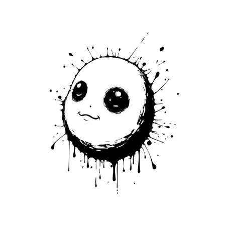 A whimsical ink-splattered character illustration features a cute, expressive face in black and white. This unique design element adds a touch of charm to any project.のイラスト素材