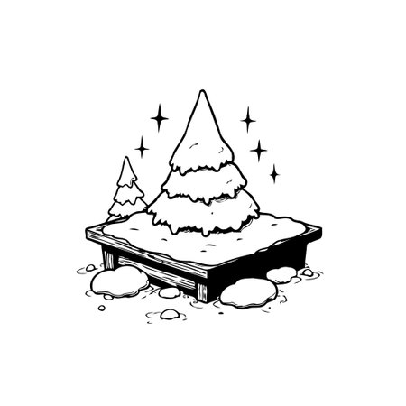 An enchanting illustration depicting snow-laden trees atop a wooden platform, set against a backdrop of twinkling stars, capturing the essence of a serene winter tableau.のイラスト素材