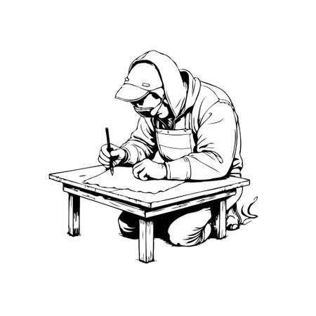 A hooded figure kneels, intently focused on drawing on a small table. The black and white sketch captures the dedication and solitude of the creative process, highlighting the artist's intense concentration.のイラスト素材
