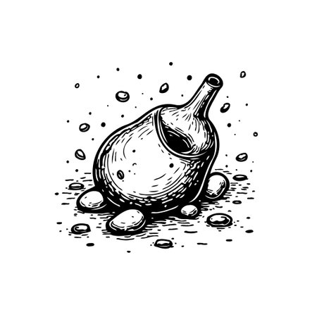A simple illustration depicts a fallen vase among scattered pebbles. The monochrome drawing emphasizes texture and detail through minimalist lines and dotwork, creating a captivating still life.のイラスト素材