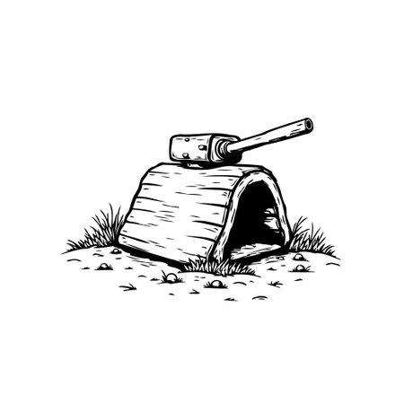 A whimsical, hand-drawn illustration of a tank playfully positioned on top of a log shelter, set against a simple landscape. The drawing evokes a sense of childlike wonder and imagination.のイラスト素材