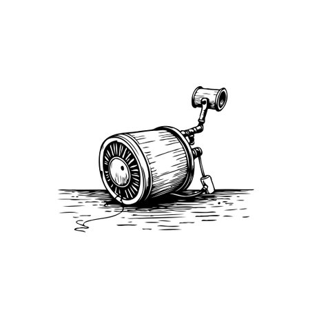 A monochrome sketch showcases a whimsical robot character. The artwork highlights the robot's unique design with a blend of antique and mechanical elements, evoking an imaginative and quirky atmosphere.のイラスト素材
