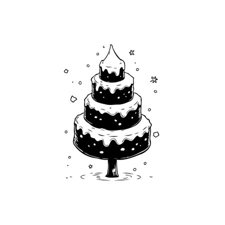 Monochrome illustration of a layered cake tower with dripping frosting and star accents. Minimalist design suited for festive invitations, bakery logos, or sweet dessert creations.のイラスト素材