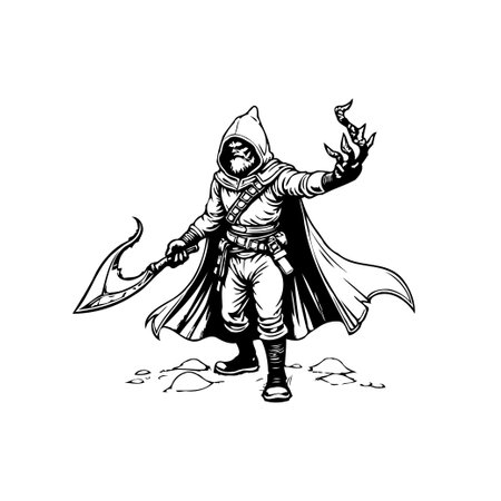 Intricate monochrome artwork portraying a cloaked and hooded warrior. Armed with a uniquely shaped blade, the figure exudes an aura of mystery and power, evoking fantasy elements.のイラスト素材