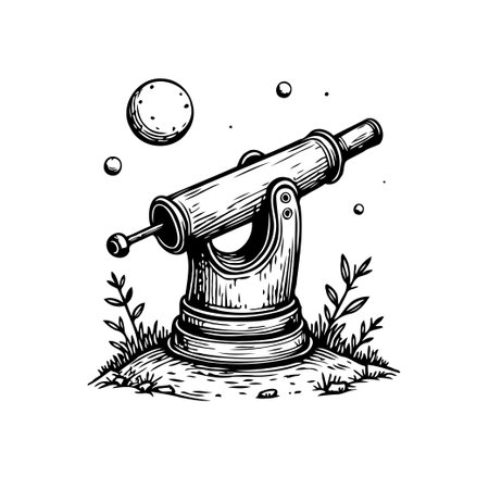 This vintage engraving captures the spirit of early astronomical exploration. A classic telescope stands ready, pointed towards the moon and stars, evoking a sense of wonder and discovery.のイラスト素材