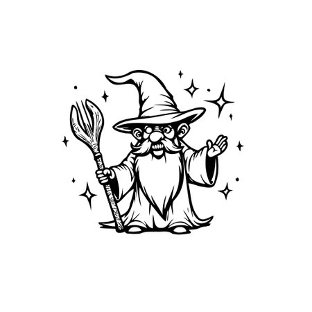 A charming cartoon illustration depicts a wizard with a tall hat, staff and long beard, set against a backdrop of twinkling stars. Perfect for fantasy themes and magical narratives.のイラスト素材