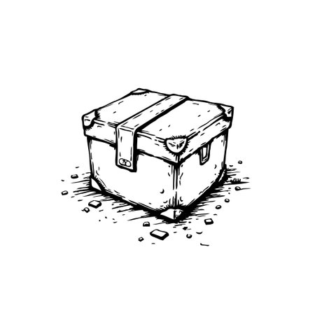 This is a hand-drawn illustration of a closed, vintage box with metal accents and aged texture. Ideal for graphic design projects, artistic compositions, or creative designs.のイラスト素材