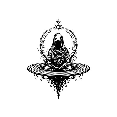 Intricate black and white illustration showing a cloaked figure seated on a floating platform surrounded by binary code. The design evokes themes of mysticism and ethereal realms, suggesting a journey into the unknown.のイラスト素材