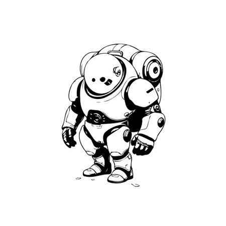 A stylized illustration of a futuristic robot standing tall. The artwork features a heavy armored suit and intricate mechanical details, presented in a clean, monochrome design on a white background.のイラスト素材