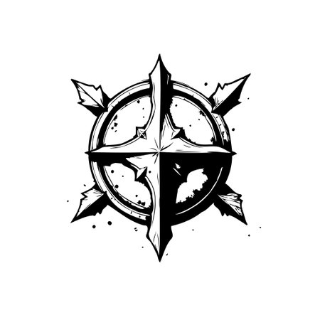 An abstract geometric emblem showcases a symmetrical design with angular shapes, enhanced by scattered ink splatters. The black and white contrast emphasizes its gothic and decorative style, creating an edgy and artistically composed graphic element.のイラスト素材