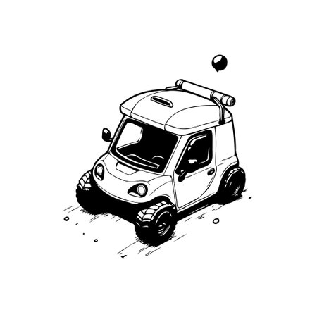 A stylized monochrome illustration presents a compact utility vehicle, designed for outdoor adventures and playful exploration. The cartoon-like aesthetic lends a sense of lightheartedness and imagination.のイラスト素材