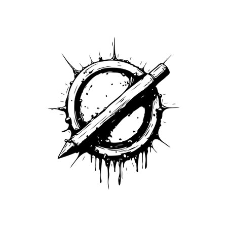 A graphic illustration features a distressed circular design, intersected by a sharp, elongated object, adding visual intrigue and creating a unique, symbolic representation.のイラスト素材