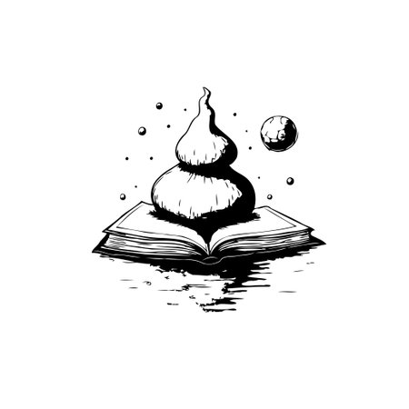 A whimsical drawing showcases an open book with a surreal stack on top, a nearby moon enhances the imaginative and cosmic atmosphere.のイラスト素材
