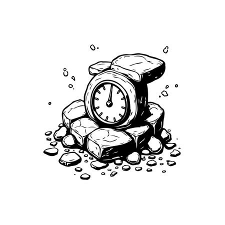 Monochrome illustration of a clock nestled amid stones, symbolising the enduring nature of time within the raw elements of the natural world.のイラスト素材